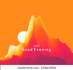 Landscape with mountains and sun. Sunset. Mountainous terrain. Abstract background. Vector illustration. 