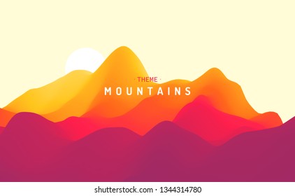 Landscape with mountains and sun. Sunset. Mountainous terrain. Abstract background. Vector illustration. 