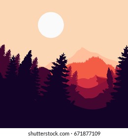 Landscape of mountains at sunset in the forest, vector illustration