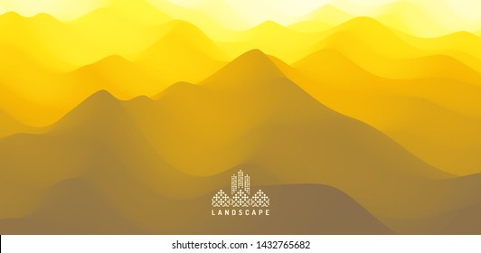 Paisaje con montañas. Atardecer. Terreno montañoso. Antecedentes abstractos. Ilustración vectorial. 