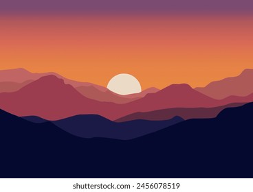 Landscape mountains in sunset. Vector illustration in flat style.