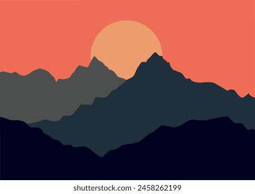 Landscape with mountains in sunset. Vector illustration in flat style.