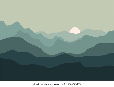 Landscape with mountains in sunset. Vector illustration in flat style.