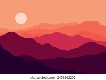 Landscape with mountains in sunset. Vector illustration in flat style.