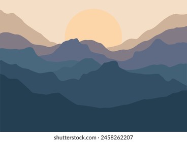 Landscape with mountains in sunset. Vector illustration in flat style.