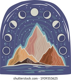 Landscape with mountains and symbols of Moon phases