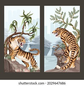Landscape with mountains and tigers. Asian interior print