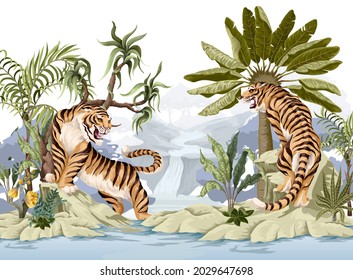 Landscape with mountains and tigers. Asian interior print