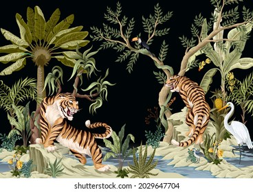 Landscape with mountains and tigers. Asian interior print