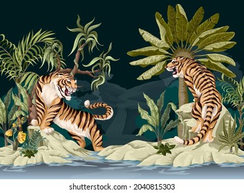Landscape with mountains and tigers. Asian interior print