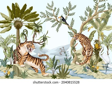 Landscape with mountains and tigers. Asian interior print