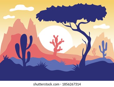 Landscape of mountains, trees and cacti with sunset background