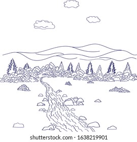 Landscape with mountains, trees, clouds and stones. Vector.