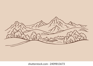 Paisaje con montañas y árboles. Ilustración dibujada a mano convertida en vector.