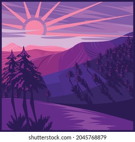 Landscape mountains trees hills sun sunset