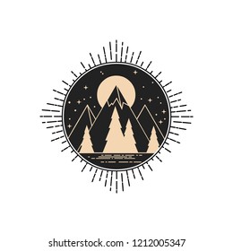 Landscape with mountains, trees, lake, full moon. Vector template for logo, badges, stickers