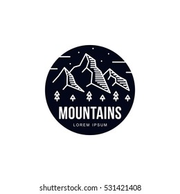 Landscape with mountains, trees and night sky in circle, vector illustration isolated on white background. Round abstract black and white tourism, hiking, camping, mountain and travel logotype design