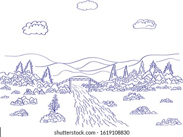 Landscape with mountains, trees, river, bridge, clouds. Vector.