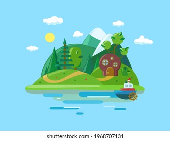 Landscape with mountains, trees and river. Ship in the river