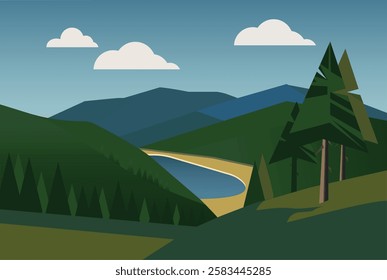 Landscape with mountains and trees. Vector illustration