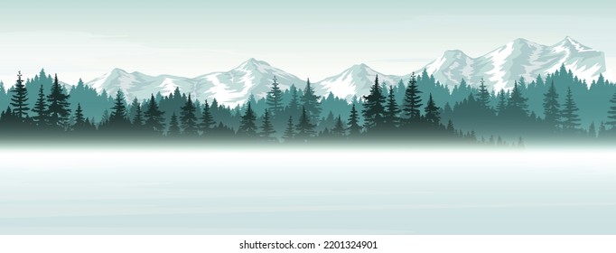Landschaft mit Bergen und Bäumen. Winternatur, Vektorgrafik.