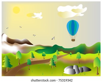 Landscape with mountains, valley and balloon