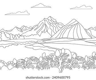 paisaje con página de coloración vectorial de montañas