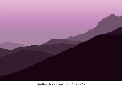 Landscape with mountains. Vector illustration in flat style with purple color.