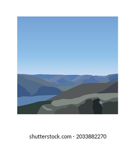 Landscape of mountains, view from a height and clear blue sky.