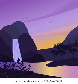 Landscape with mountains, waterfall and lake. Water stream simple vector. Cute flat illustration sunset or dawn.