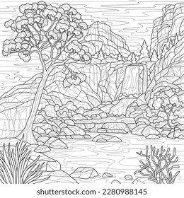 Landscape with mountains and a waterfall.Coloring book antistress for adults. Illustration isolated on white background.Zen-tangle style. Hand draw