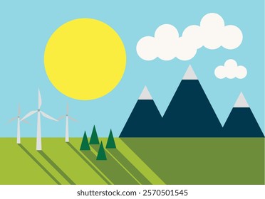 Landscape of mountains, windmills or wind turbines and forest in spring or summer