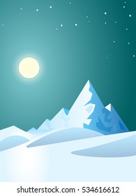Landscape mountains in winter with moon and star on dark sky. Vector illustrations.