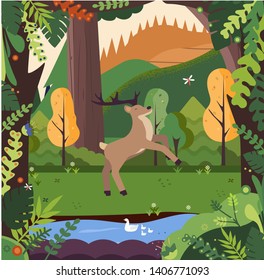 Landscape with mountains, wood, deer and river. Flat style cartoon vector illustration.