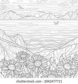 Landscape with mountains,sea and and camomiles.Coloring book antistress for children and adults. Illustration isolated on white background.Zen-tangle style. Hand draw