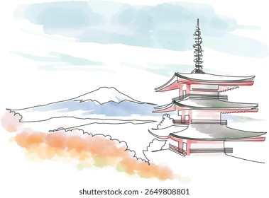 Landscape of Mt. Fuji, autumn leaves, and a five-story pagoda, painted in one stroke and with watercolors. Yamanashi, Japan