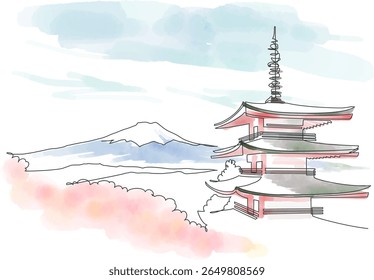 Landscape of Mt. Fuji, cherry blossoms, and a five-story pagoda, painted in one stroke and with watercolors. Yamanashi, Japan