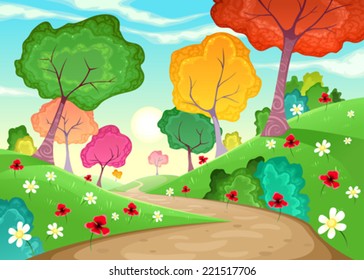 Paisaje con árboles multicolores. Ilustración de dibujos animados y vectores