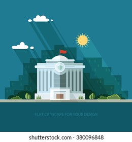 landscape. municipal building, Hall, the Government, court on the background of the city. Construction public institution. Flat vector illustration.