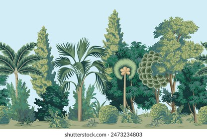 Landscape mural with trees, plants, palms. Forest border.	