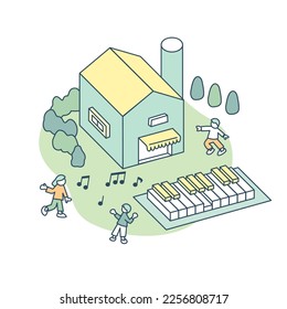 Landscape with music. with piano keyboard