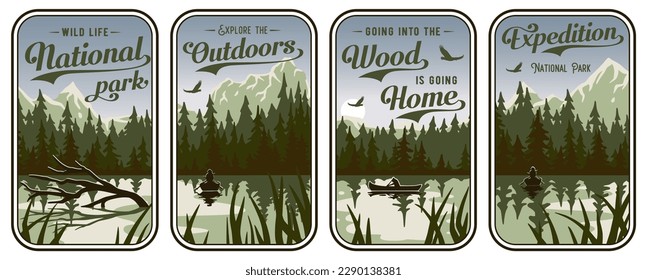 Landscape of national park for adventure, wanderlust or explorer outdoor. Nature design with background set of forest and mountain for camping