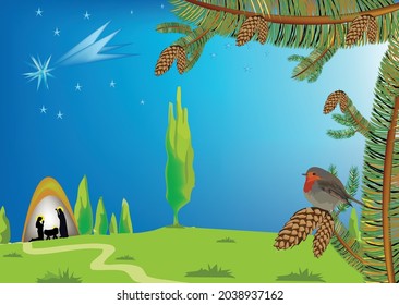 landscape with nativity huts crib