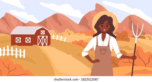 Landscape natural background, village, vacation, forest and trees, mountain. Fall harvest, seasonal agricultural work. Fields, red barn, agricultural girl during work. African american female farmer