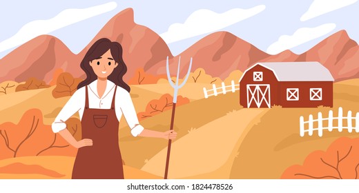 Landscape natural background, village, vacation, forest and trees, mountain. Fall harvest, seasonal agricultural work. Fields, red barn, agricultural girl during work. Female farmer