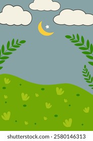 Landscape natural green land with sky and cloud moon star and  leaves mobile wallpaper and background  natural card vector eps 10 
