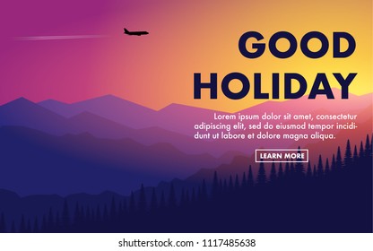 Landscape natural view of mountain range with pine tree forest in silhouette style with beautiful sky of sunrise/sunset and airplane fly in the sky with copy space for text"Good Holiday"