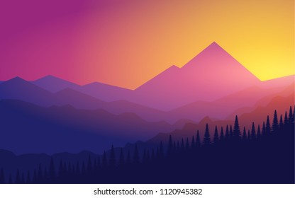 Landscape natural view of mountain range with pine tree forest in silhouette style with beautiful sky of sunrise/sunset with copy space for text in the sky
