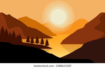 landscape natural view mountains lake silhouettes pine and sunset