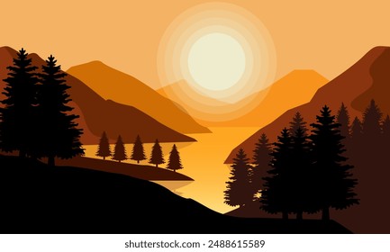 landscape natural view mountains lake silhouettes pine and sunset